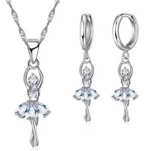 925 Silver Ballerina Necklace Earrings Set Dancer Valentine's Birthday Gift NEW
